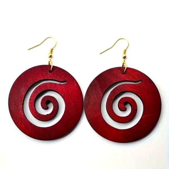 Burgundy red wood boho swirl earrings lightweight jewelry - Picture 1 of 3